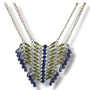 Talbots Style Blue Green Glass Teardrop Bib Statement Necklace‎ 26"
